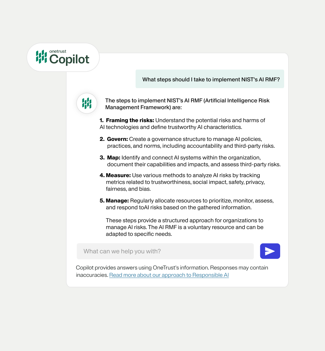 OneTrust copilot chat window with steps on implement NIST's AI RMF