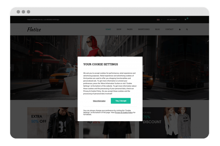 Screenshot of a website with a cookie setting modal open