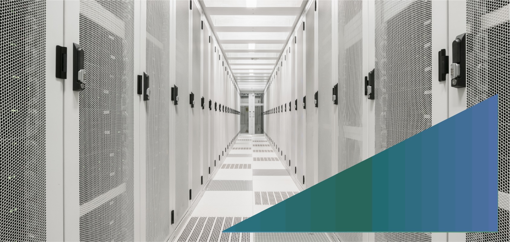 Aisle in a network server room where servers are locked behind grated doors