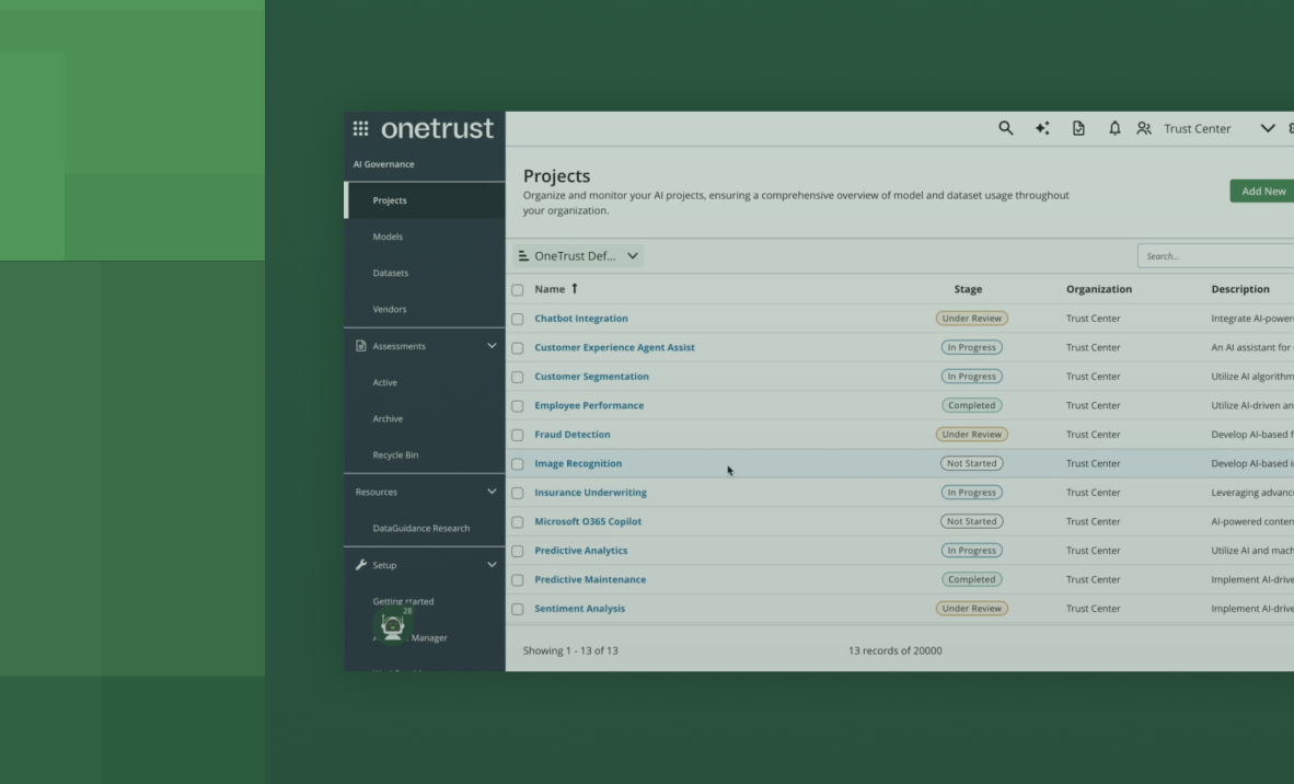 screenshot della piattaforma onetrust